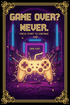 Cinematic retro pixel art arcade poster in purple and gold